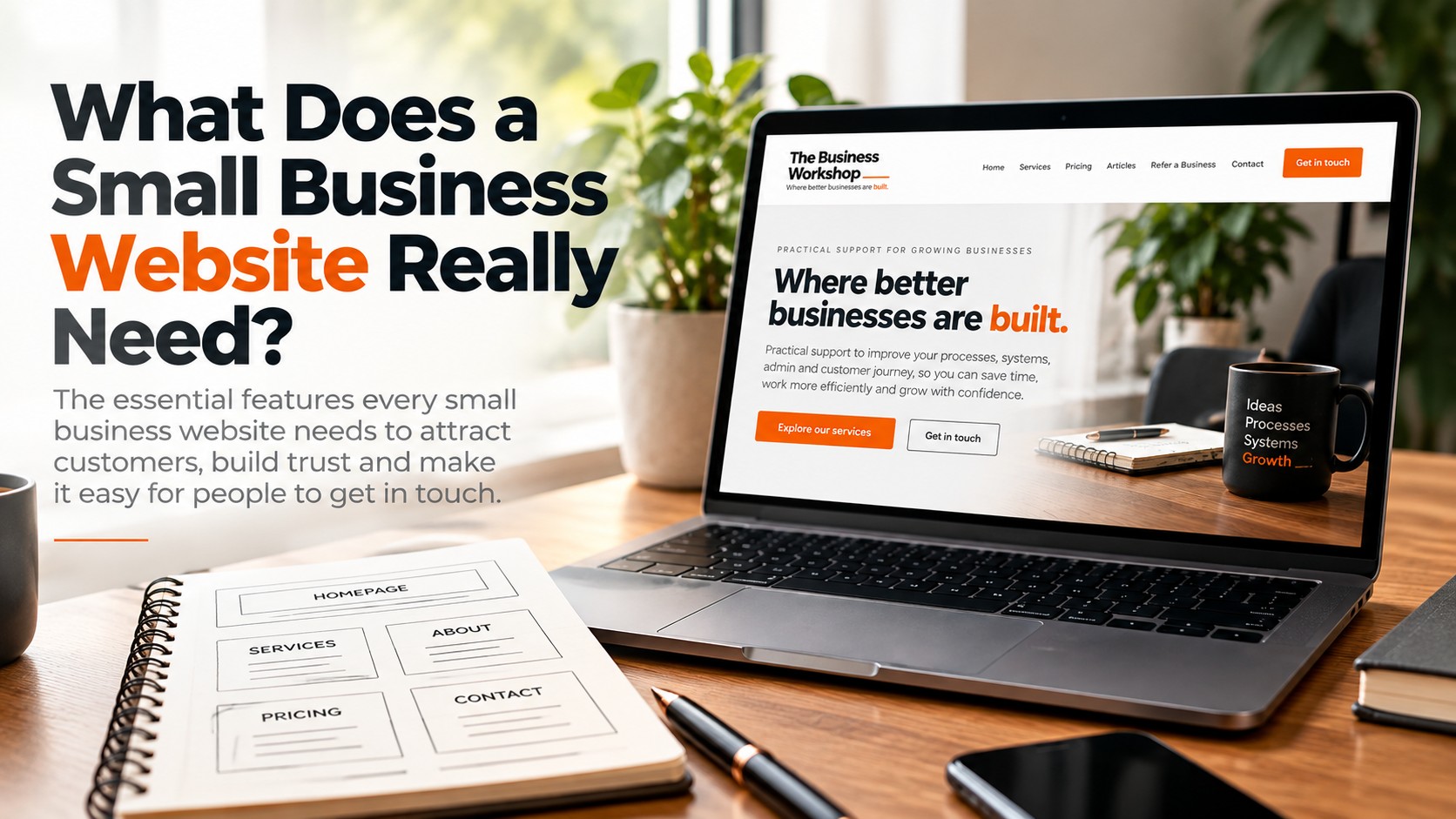 Laptop showing a small business website beside a notebook with a sketched page plan.