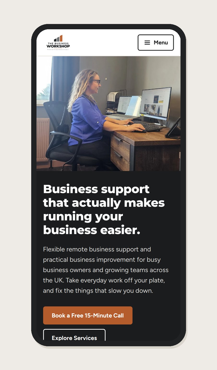 The Business Workshop website shown in a mobile layout.