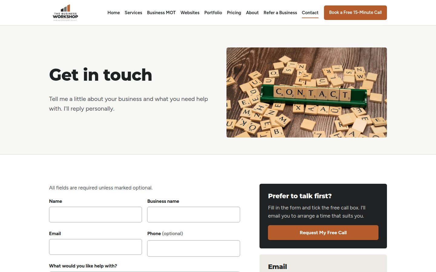 Screenshot of The Business Workshop Contact page.
