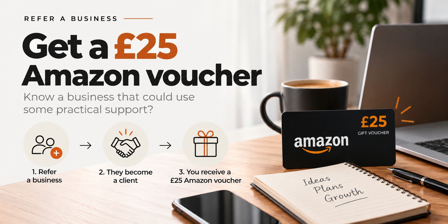 Refer a business to The Business Workshop and receive a £25 Amazon voucher when they become a qualifying client.
